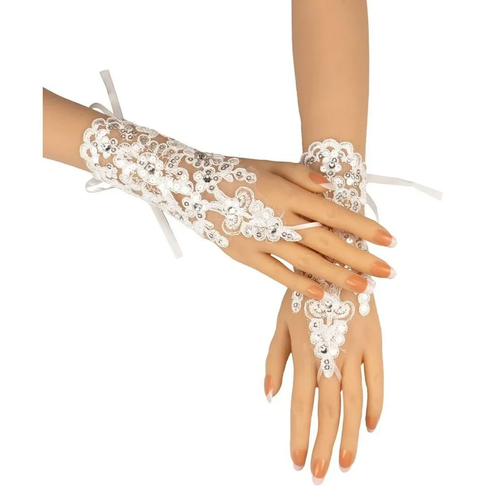 Women's Rhinestone Fingerless White Gloves Bride Wedding Party Prom Accessories